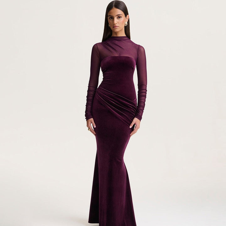 Elegant velvet maxi dress with pleats and chiffon design - Micheli