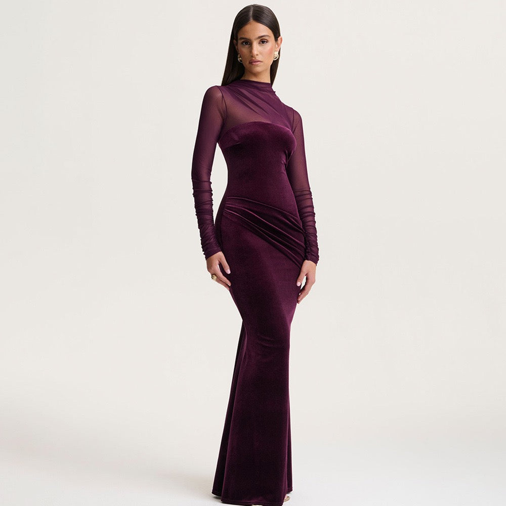 Elegant velvet maxi dress with pleats and chiffon design - Micheli