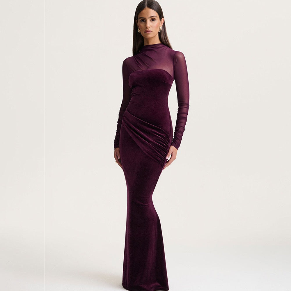Elegant velvet maxi dress with pleats and chiffon design - Micheli