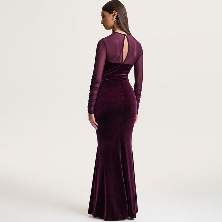 Elegant velvet maxi dress with pleats and chiffon design - Micheli