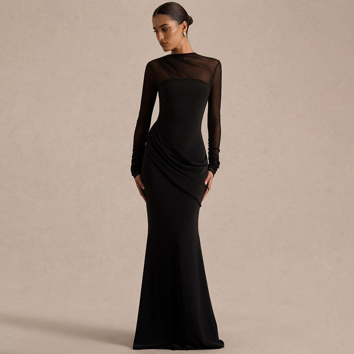 Elegant velvet maxi dress with pleats and chiffon design - Micheli
