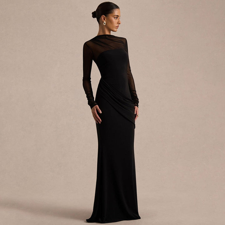 Elegant velvet maxi dress with pleats and chiffon design - Micheli