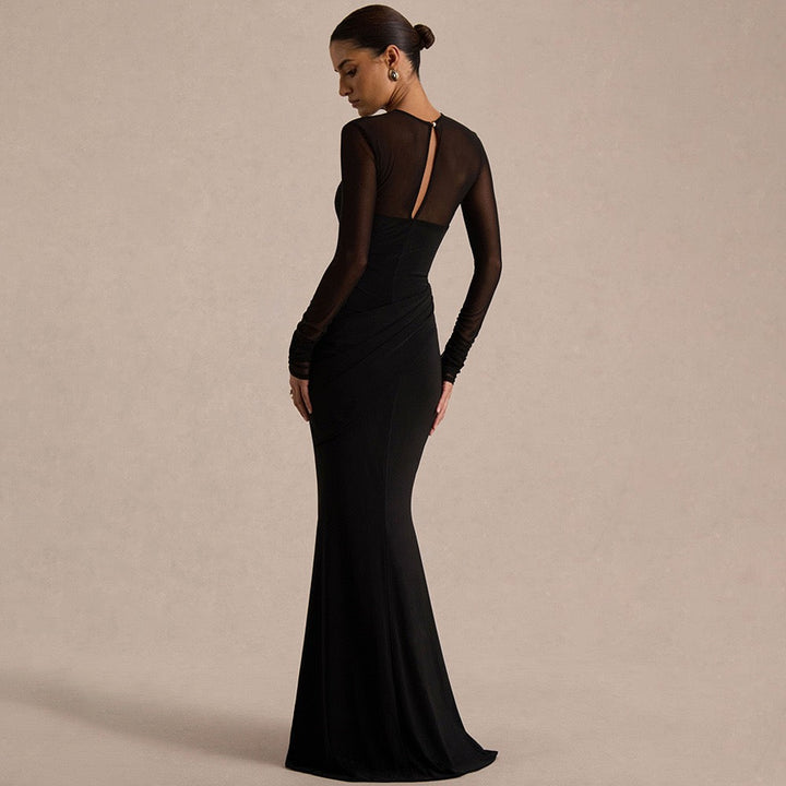 Elegant velvet maxi dress with pleats and chiffon design - Micheli