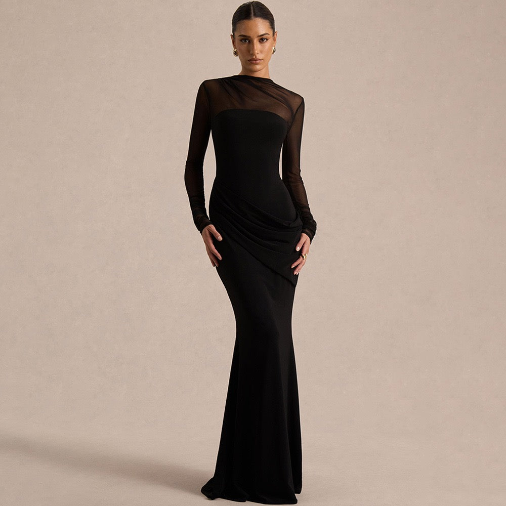 Elegant velvet maxi dress with pleats and chiffon design - Micheli