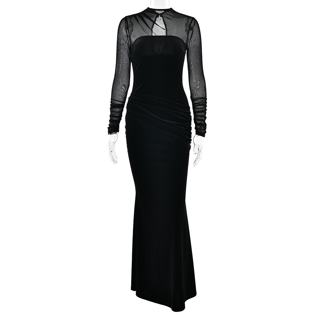 Elegant velvet maxi dress with pleats and chiffon design - Micheli