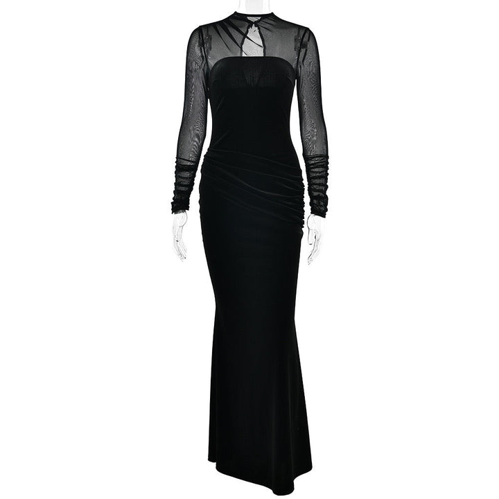Elegant velvet maxi dress with pleats and chiffon design - Micheli
