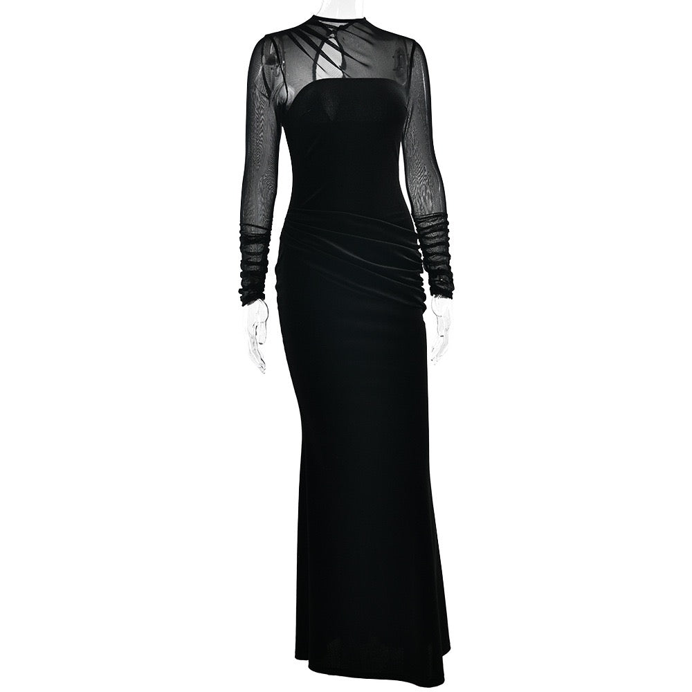 Elegant velvet maxi dress with pleats and chiffon design - Micheli