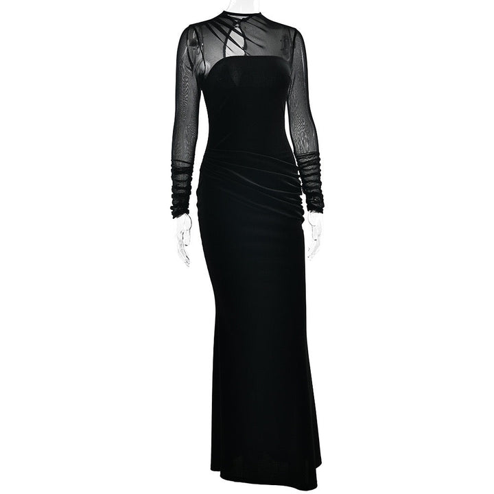 Elegant velvet maxi dress with pleats and chiffon design - Micheli