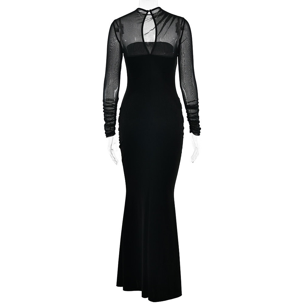 Elegant velvet maxi dress with pleats and chiffon design - Micheli