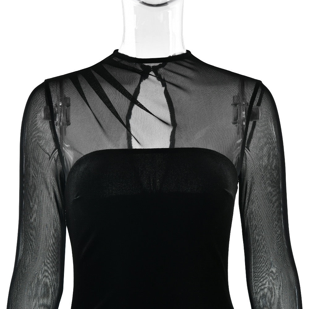 Elegant velvet maxi dress with pleats and chiffon design - Micheli