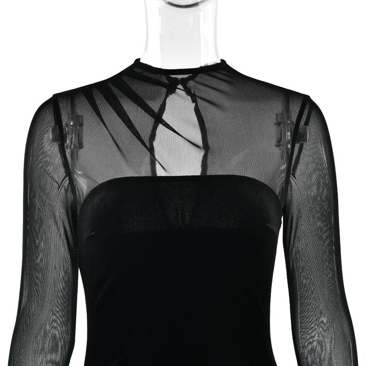 Elegant velvet maxi dress with pleats and chiffon design - Micheli