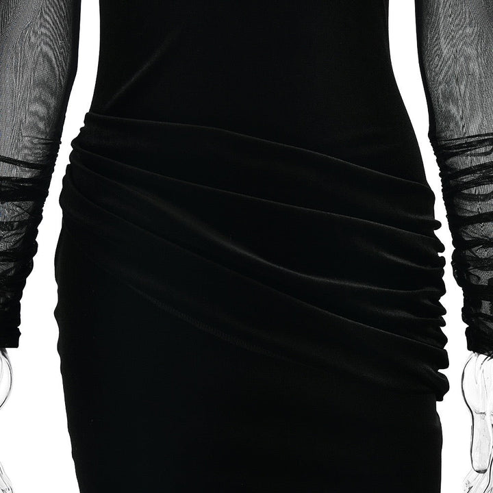 Elegant velvet maxi dress with pleats and chiffon design - Micheli