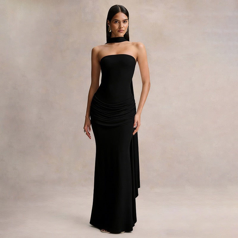 Elegant strapless maxi dress with pleated design and collar scarf - Katya