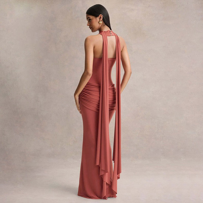 Elegant strapless maxi dress with pleated design and collar scarf - Katya