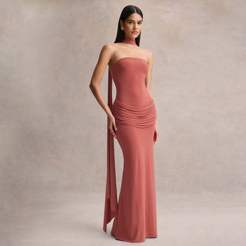 Elegant strapless maxi dress with pleated design and collar scarf - Katya