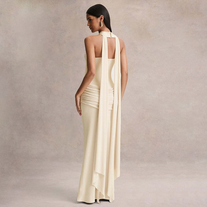 Elegant strapless maxi dress with pleated design and collar scarf - Katya