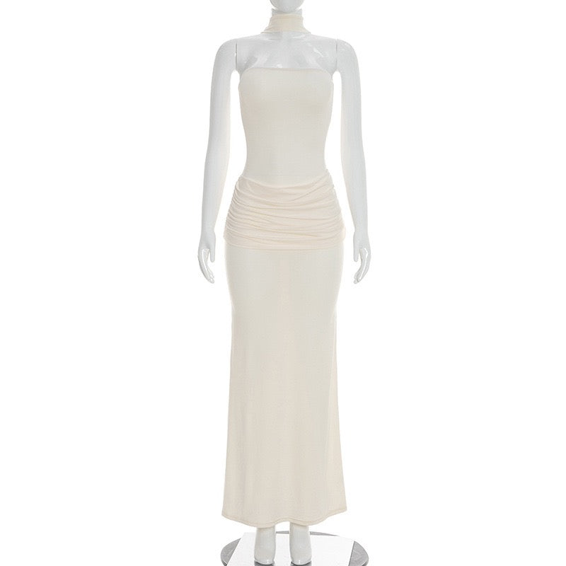 Elegant strapless maxi dress with pleated design and collar scarf - Katya