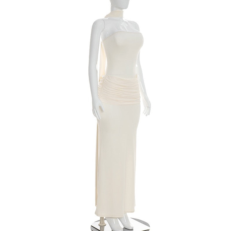 Elegant strapless maxi dress with pleated design and collar scarf - Katya