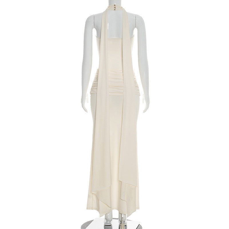Elegant strapless maxi dress with pleated design and collar scarf - Katya