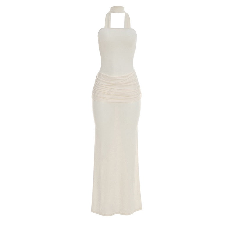 Elegant strapless maxi dress with pleated design and collar scarf - Katya