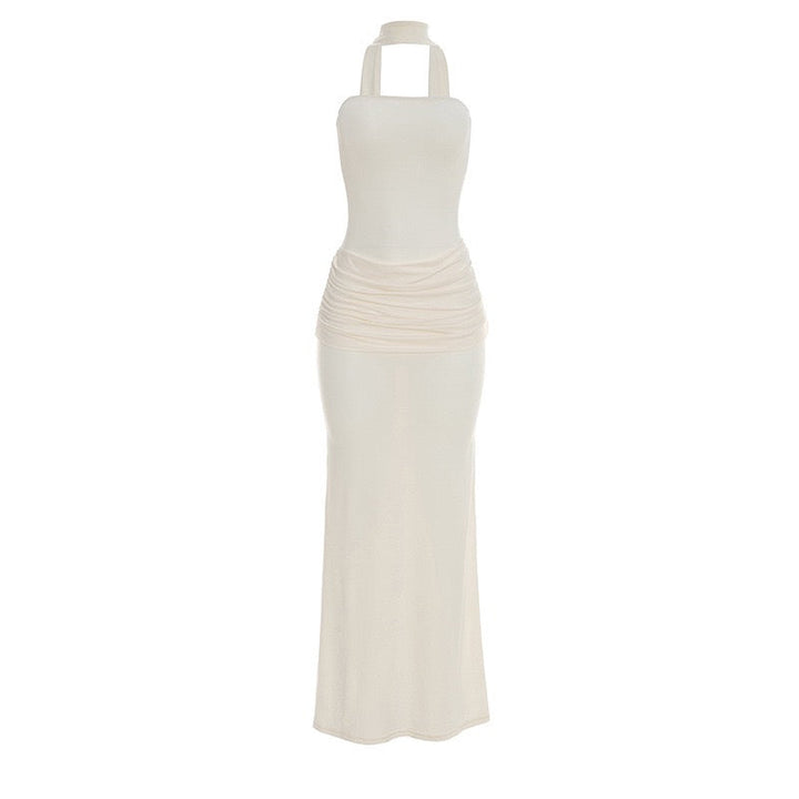 Elegant strapless maxi dress with pleated design and collar scarf - Katya