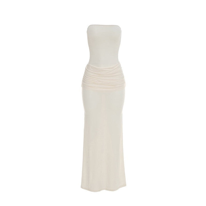Elegant strapless maxi dress with pleated design and collar scarf - Katya