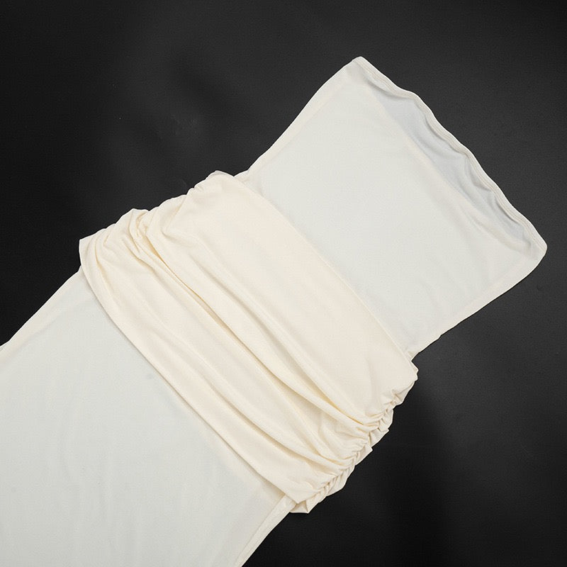 Elegant strapless maxi dress with pleated design and collar scarf - Katya