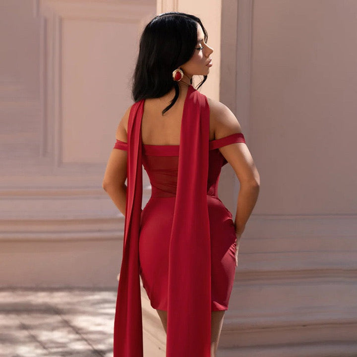 Mini dress with pleated design and open shoulder mesh decorated with scarf - KHIL