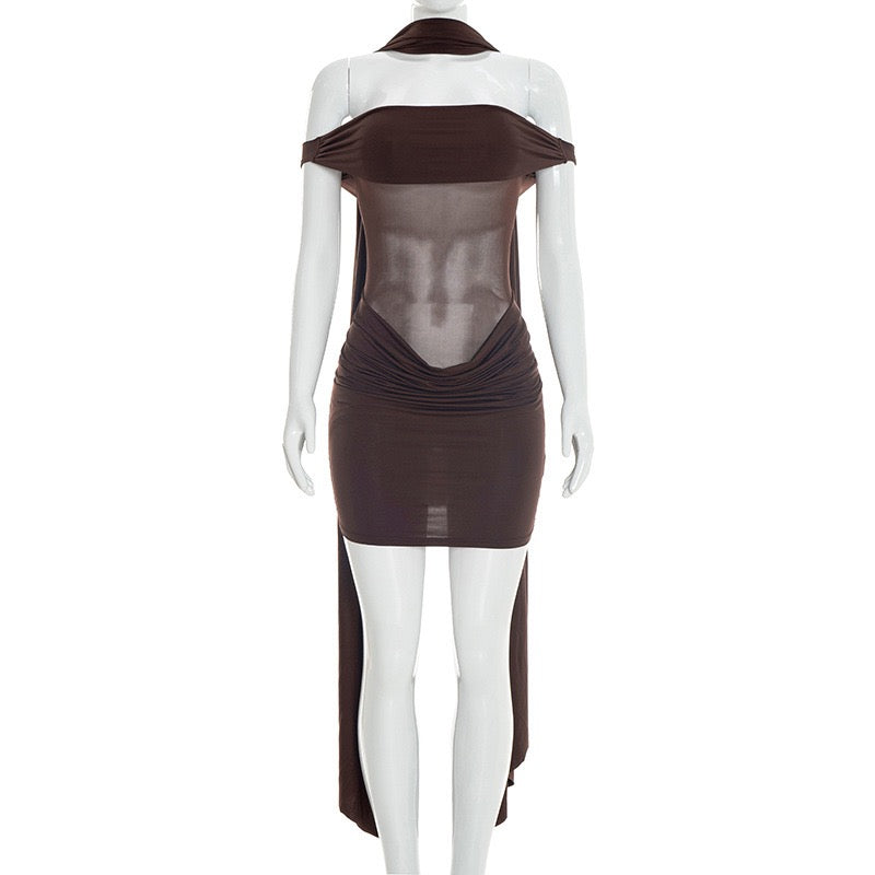 Mini dress with pleated design and open shoulder mesh decorated with scarf - KHIL