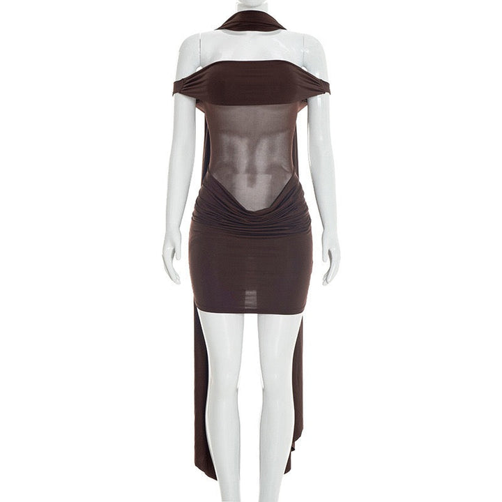 Mini dress with pleated design and open shoulder mesh decorated with scarf - KHIL