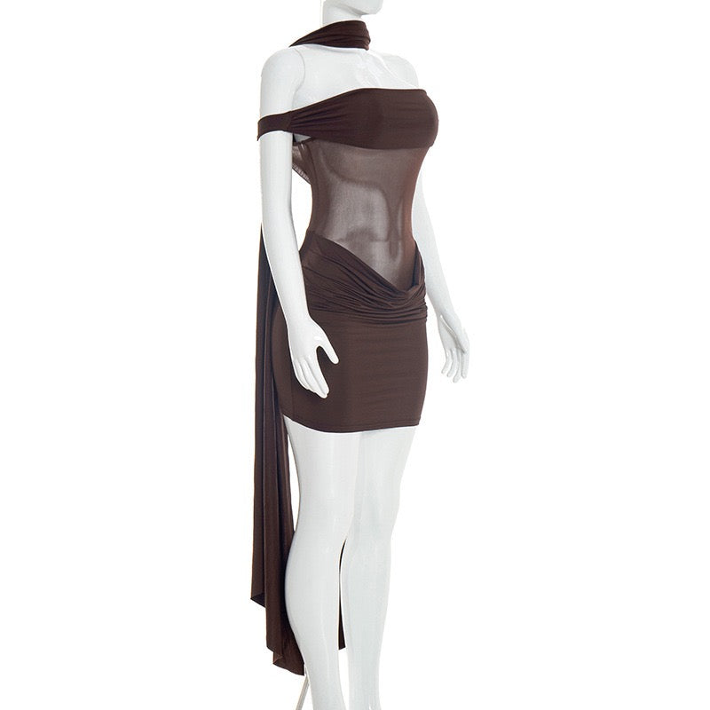 Mini dress with pleated design and open shoulder mesh decorated with scarf - KHIL