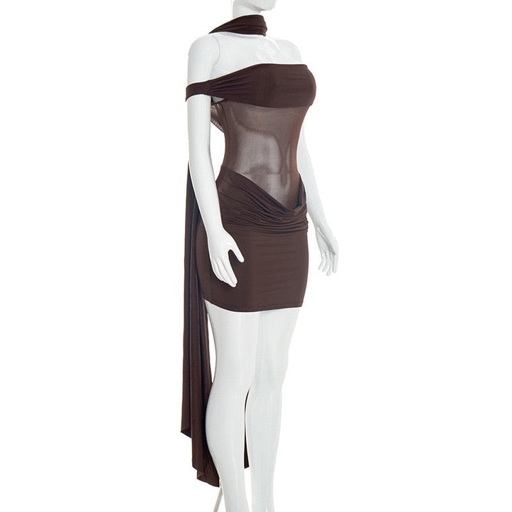 Mini dress with pleated design and open shoulder mesh decorated with scarf - KHIL