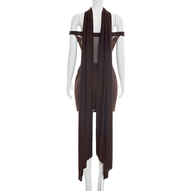 Mini dress with pleated design and open shoulder mesh decorated with scarf - KHIL