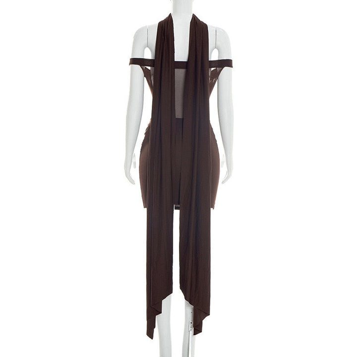 Mini dress with pleated design and open shoulder mesh decorated with scarf - KHIL