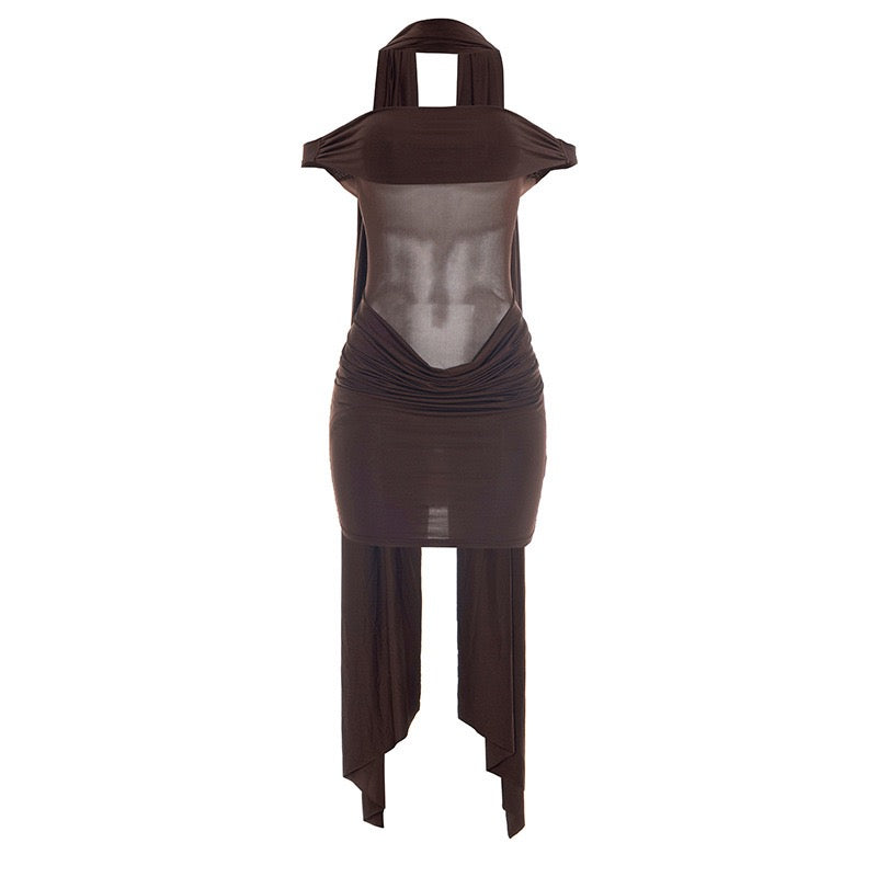 Mini dress with pleated design and open shoulder mesh decorated with scarf - KHIL