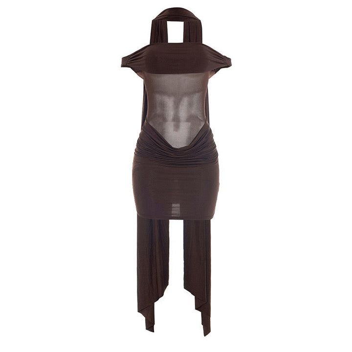 Mini dress with pleated design and open shoulder mesh decorated with scarf - KHIL