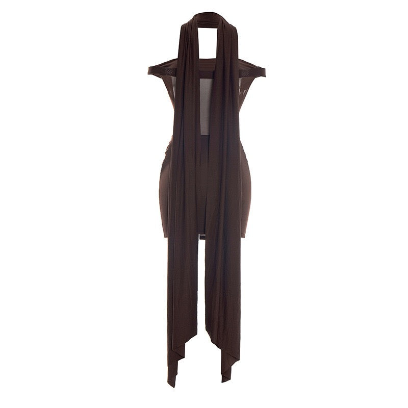 Mini dress with pleated design and open shoulder mesh decorated with scarf - KHIL