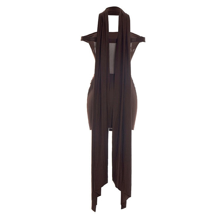 Mini dress with pleated design and open shoulder mesh decorated with scarf - KHIL
