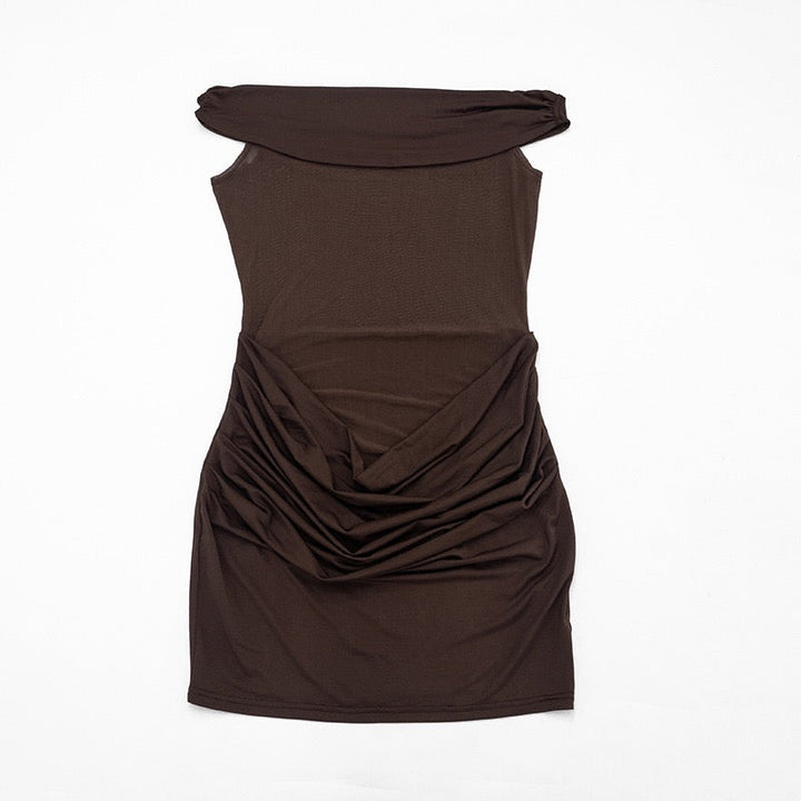 Mini dress with pleated design and open shoulder mesh decorated with scarf - KHIL