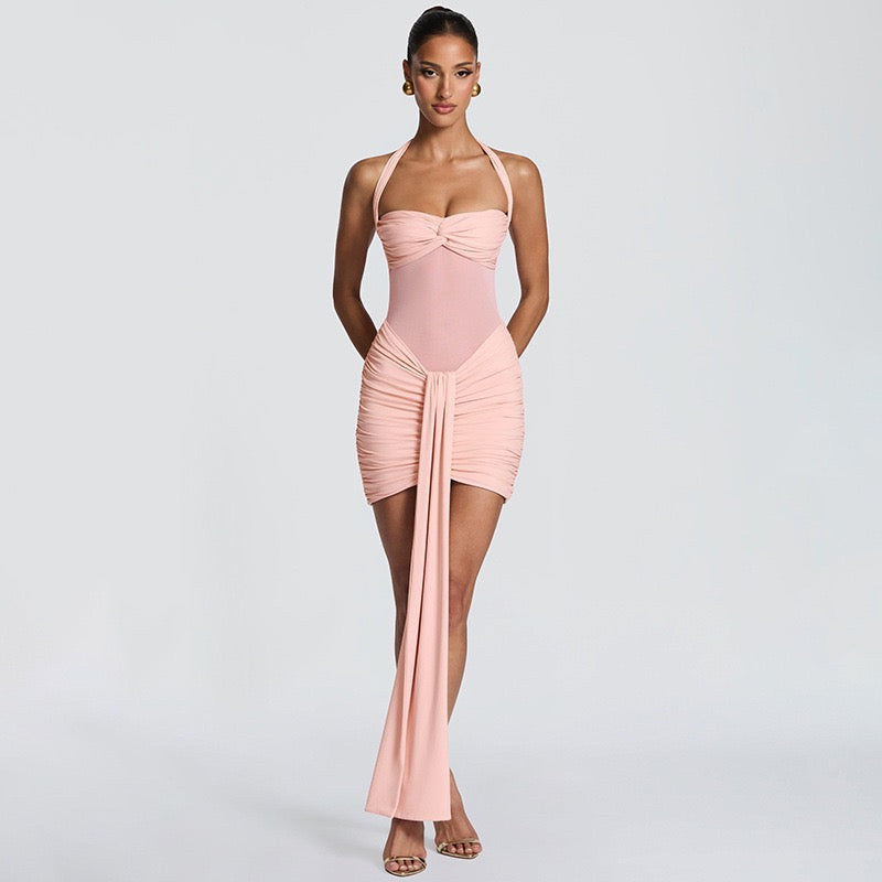 Mini dress with ruching design and tie mesh at the back - LIRIAN