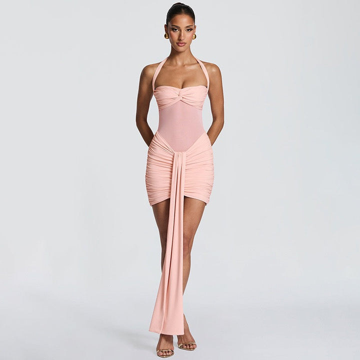 Mini dress with ruching design and tie mesh at the back - LIRIAN