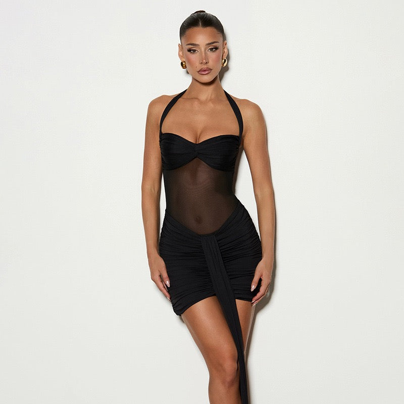 Mini dress with ruching design and tie mesh at the back - LIRIAN