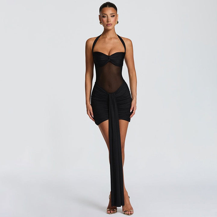 Mini dress with ruching design and tie mesh at the back - LIRIAN