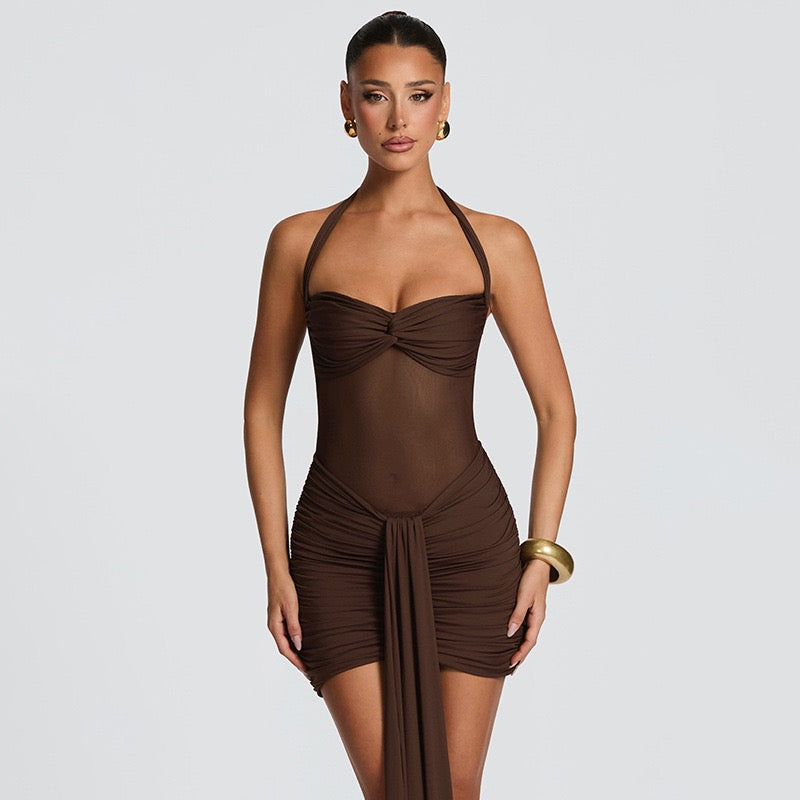 Mini dress with ruching design and tie mesh at the back - LIRIAN