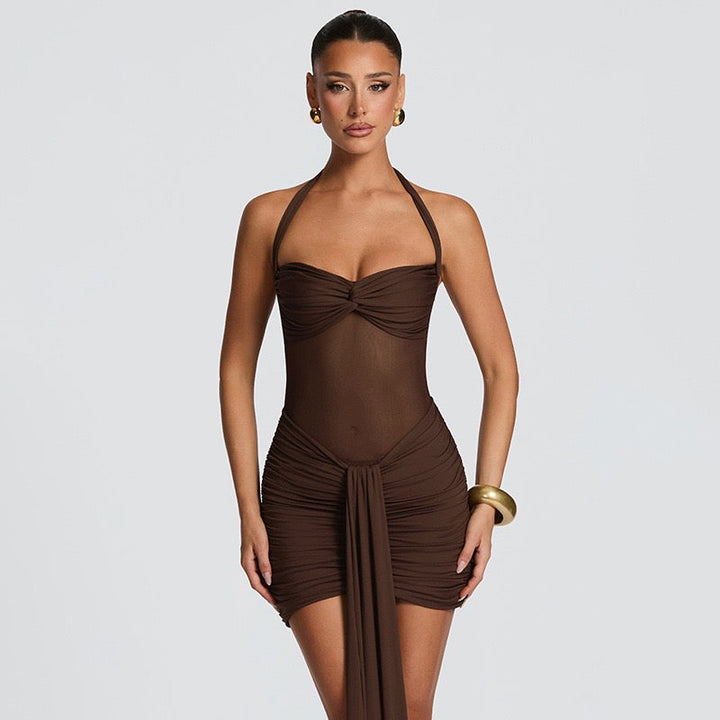 Mini dress with ruching design and tie mesh at the back - LIRIAN