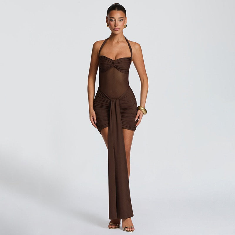 Mini dress with ruching design and tie mesh at the back - LIRIAN