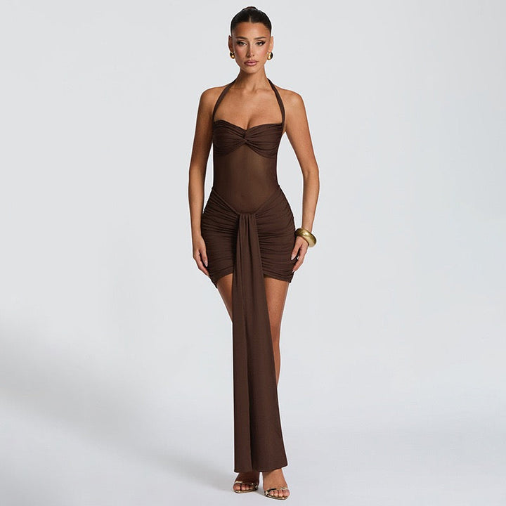 Mini dress with ruching design and tie mesh at the back - LIRIAN