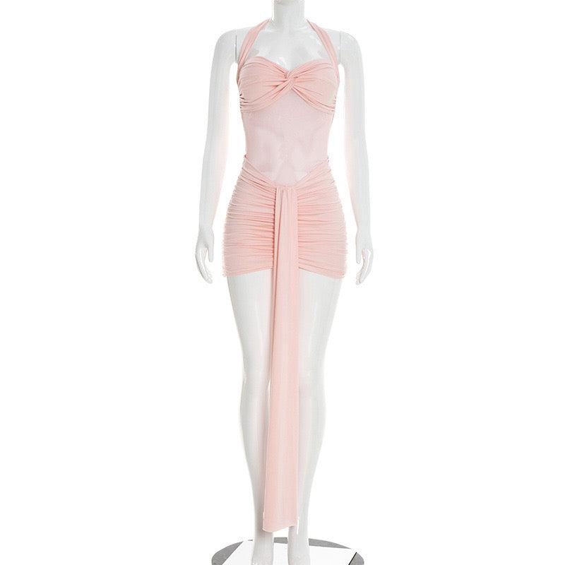 Mini dress with ruching design and tie mesh at the back - LIRIAN