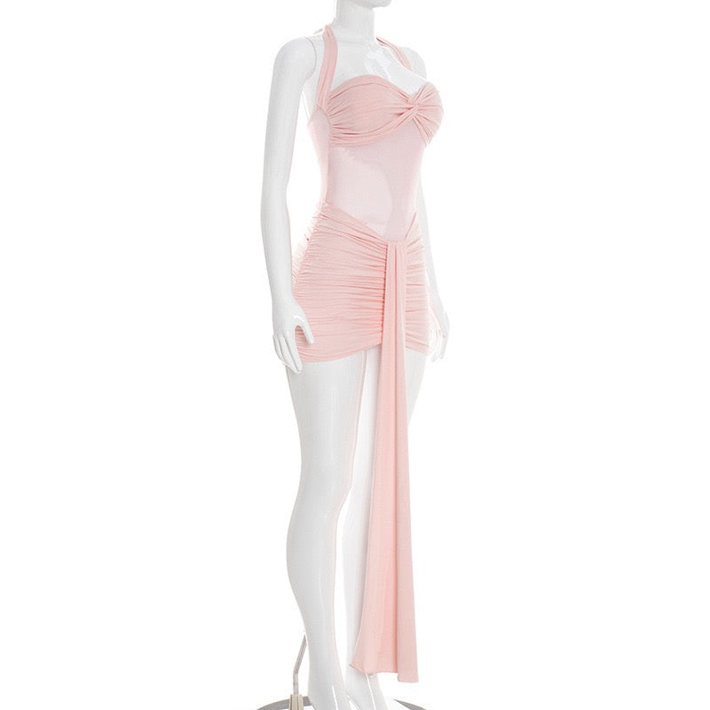 Mini dress with ruching design and tie mesh at the back - LIRIAN