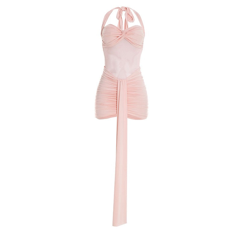 Mini dress with ruching design and tie mesh at the back - LIRIAN